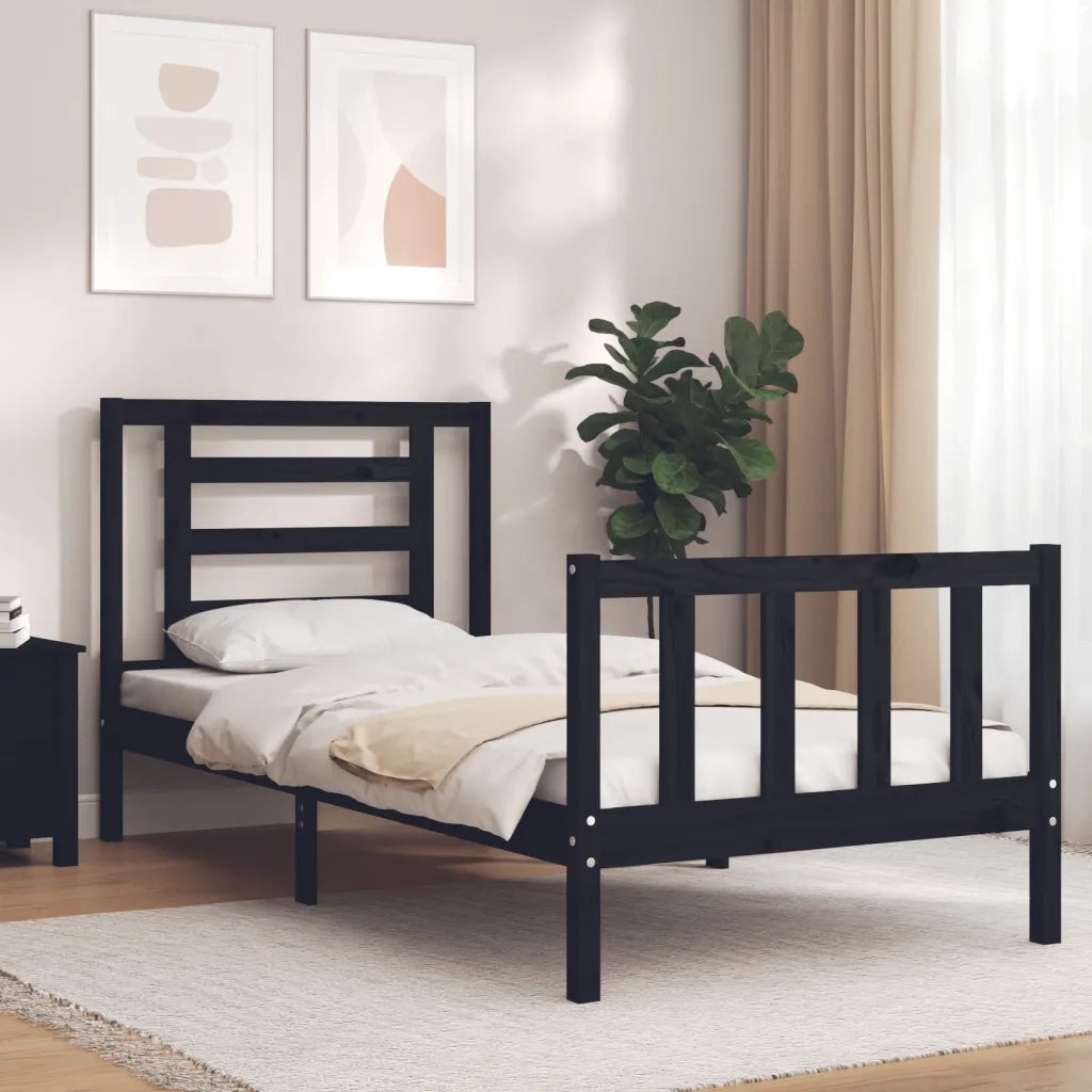 Letto singolo | Letto per adulti | Giroletto con Testiera Nero Small Single in Legno Massello