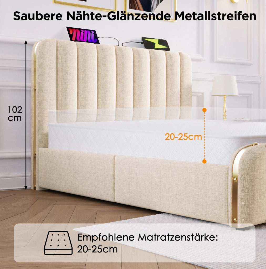 Letto matrimoniale imbottito 160x200 cm in lino beige con 4 cassetti; USB e Type-C