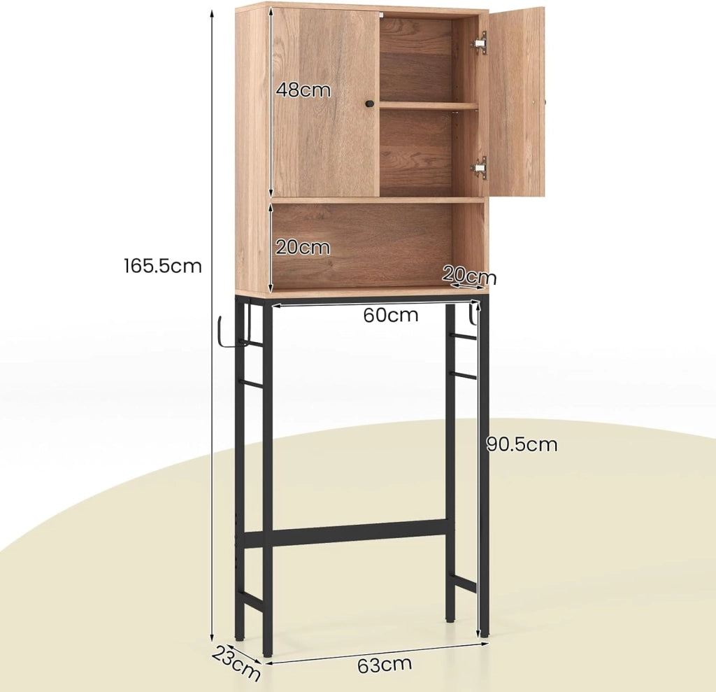 Armadio per Stoccaggio Sopra il WC, Organizzatore da Bagno con Armadietto a Doppia Porta, Scomparto Aperto, Mensola Regolabile a 5 Livelli e Barra Inferiore Regolabile (Naturale)