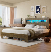 Letto matrimoniale in legno 180x200 con testiera contenitore, LED e prese integrate