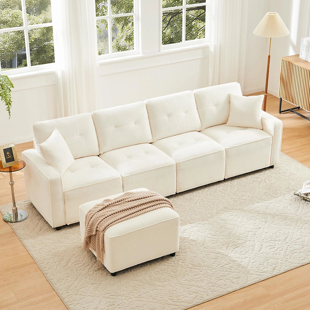 Divano 4 posti in velluto costato - Xylo - 280x146x85 cm - Beige - Con spazio di archiviazione e sgabello incluso
