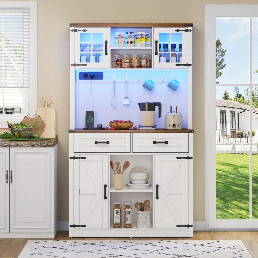 Credenza da Cucina con 2 Cassetti; 4 Vani; Ripiani Regolabili; LED e Prese; in MDF; Marrone e Bianco