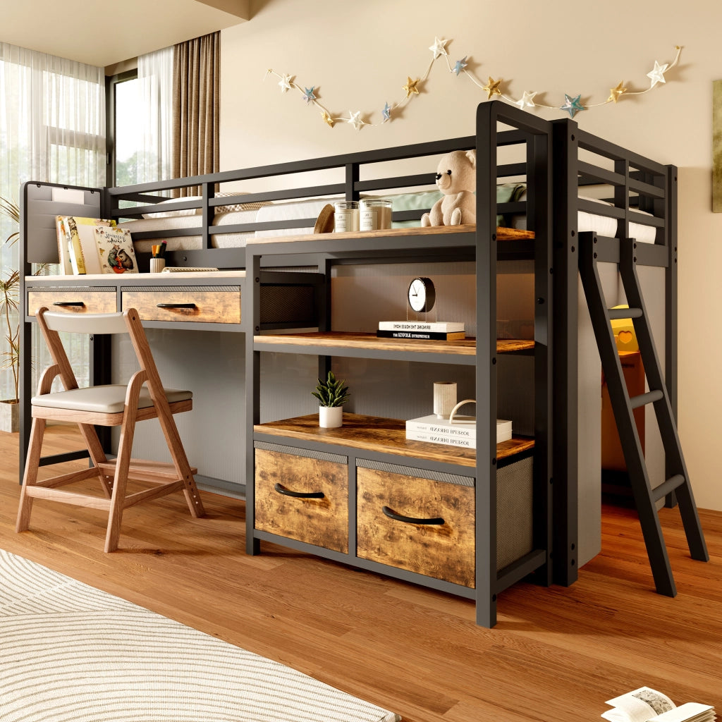 Letto a soppalco 90 × 200 cm con scrivania ripiani cassetti in tessuto e LED multicolore in metallo e MDF nero