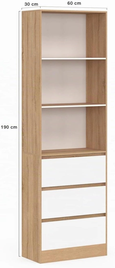 CARLA Libreria a 3 livelli con 3 cassetti bianchi ed effetto legno H.190 cm