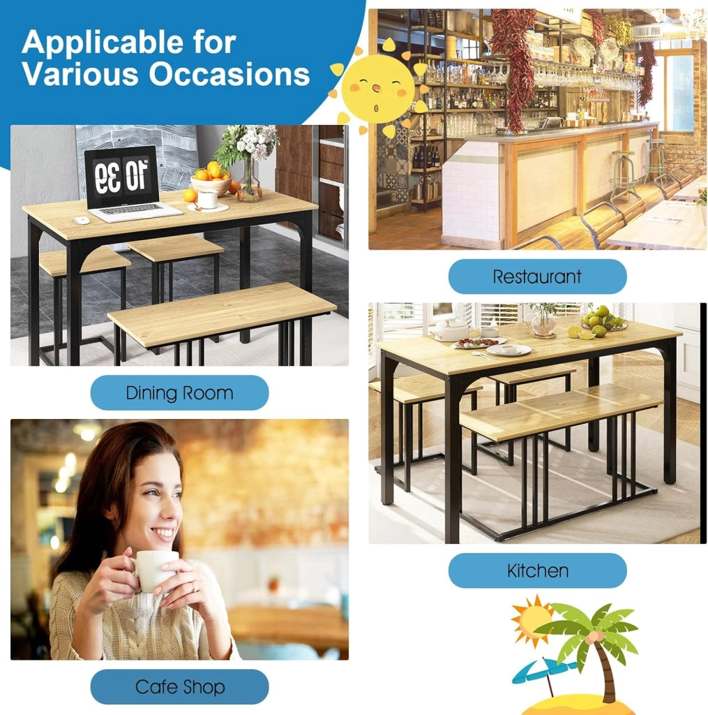 Set tavolo e sedia da pranzo 4 pezzi, tavolo da cucina 4 persone 120 x 60 x 75 con 1 panca e 2 sgabelli, struttura in metallo, per sala da pranzo, soggiorno, caffè (naturale)