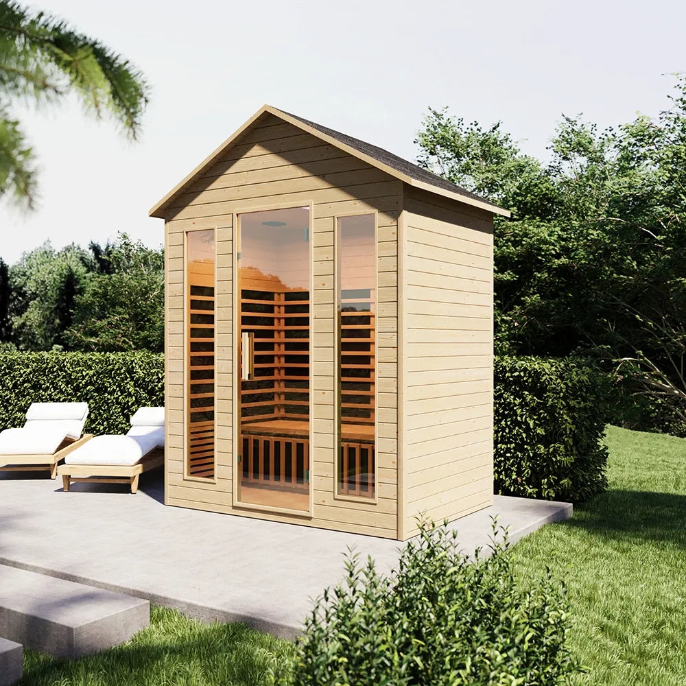 Sauna da esterno infrarossi 120x180 cm H208 da 2 o 4 posti in legno di abete con radio integrata | Pori