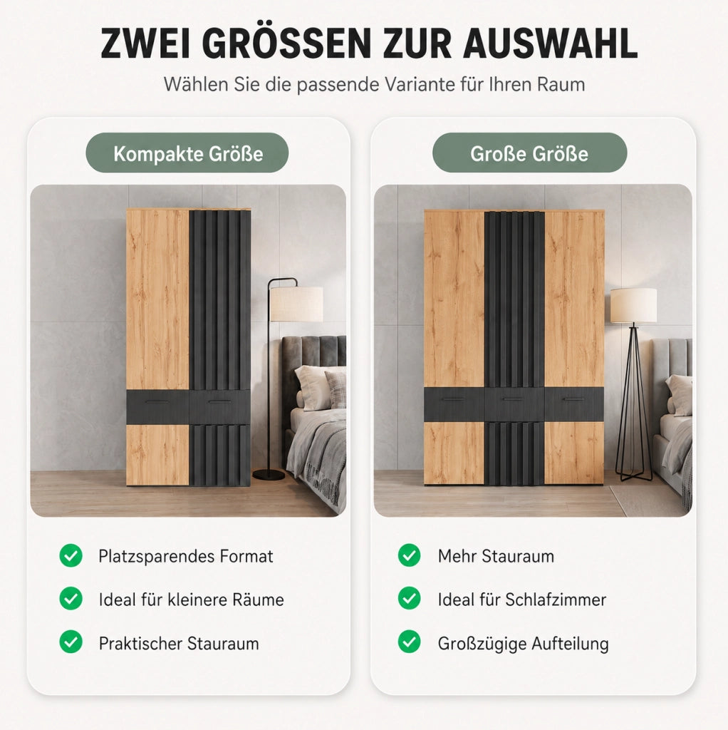 ARMADIO a ante battenti 90x50x200 cm Nero e Naturale con 2 cassetti