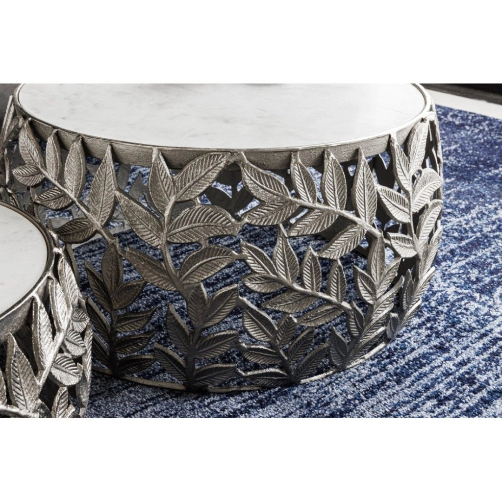 Set di 2 tavolini METRIX argentati con piano in marmo - Tavolini con design a motivo fogliame