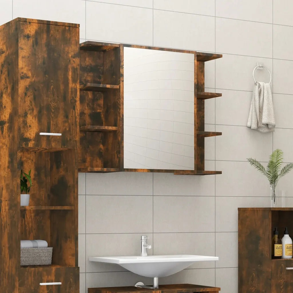Mobile Bagno | Armadio da bagno Specchio Rovere Fumo 80x20,5x64 Legno Multistrato