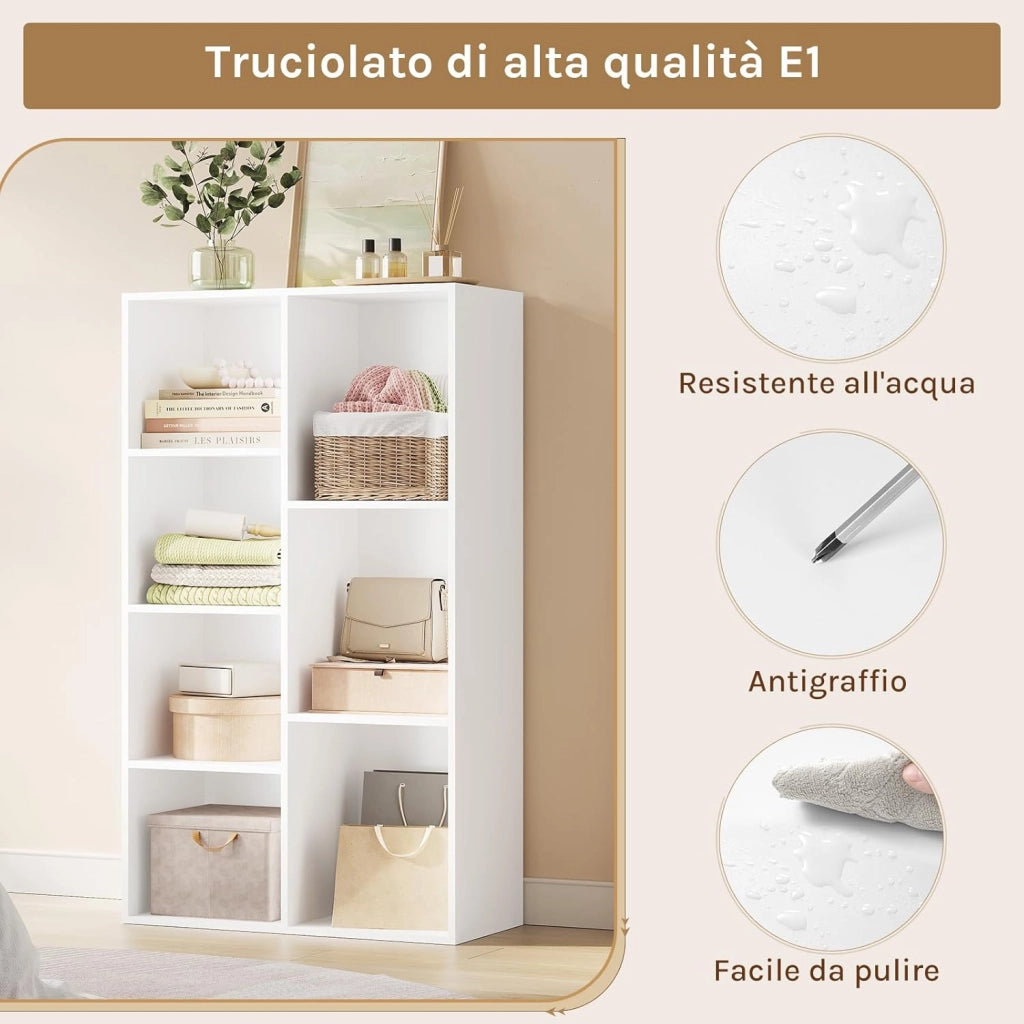 Libreria Bianca con 7 Scomparti a Giorno, Scaffale Moderno in Legno, Mobile Porta Libri Portaoggetti, Salvaspazio, per Ufficio, Studio, Salotto 59,5x29,5x108cm, SK004ws