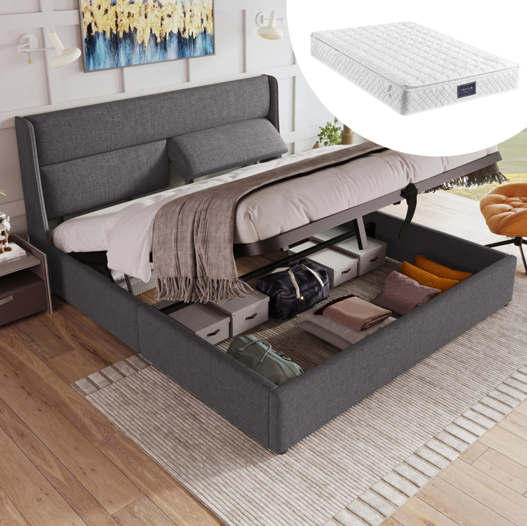 Letto matrimoniale contenitore 140x200 cm con testiera regolabile e materasso a molle; lino grigio