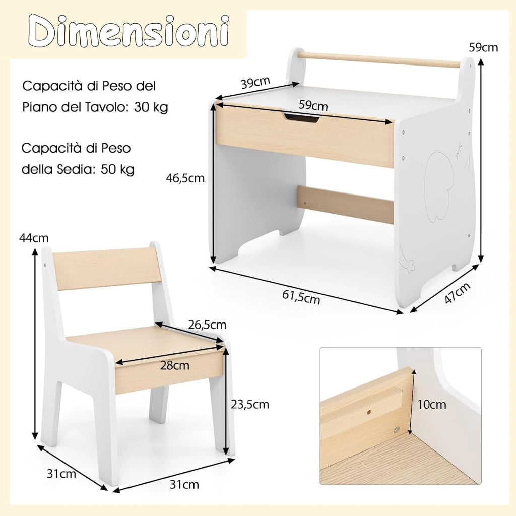 Set Tavolo e Sedia per Bambini 2 in 1, Set con Scrivania e Sedia in Legno per Bambini con Piano Rimovibile, Spazio di Archiviazione e Porta Rotolo di Carta per Aula e Cameretta (Bianco)
