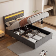 Letto contenitore 140 × 200 cm con sollevamento idraulico LED USB e USB-C imbottito in lino e MDF grigio