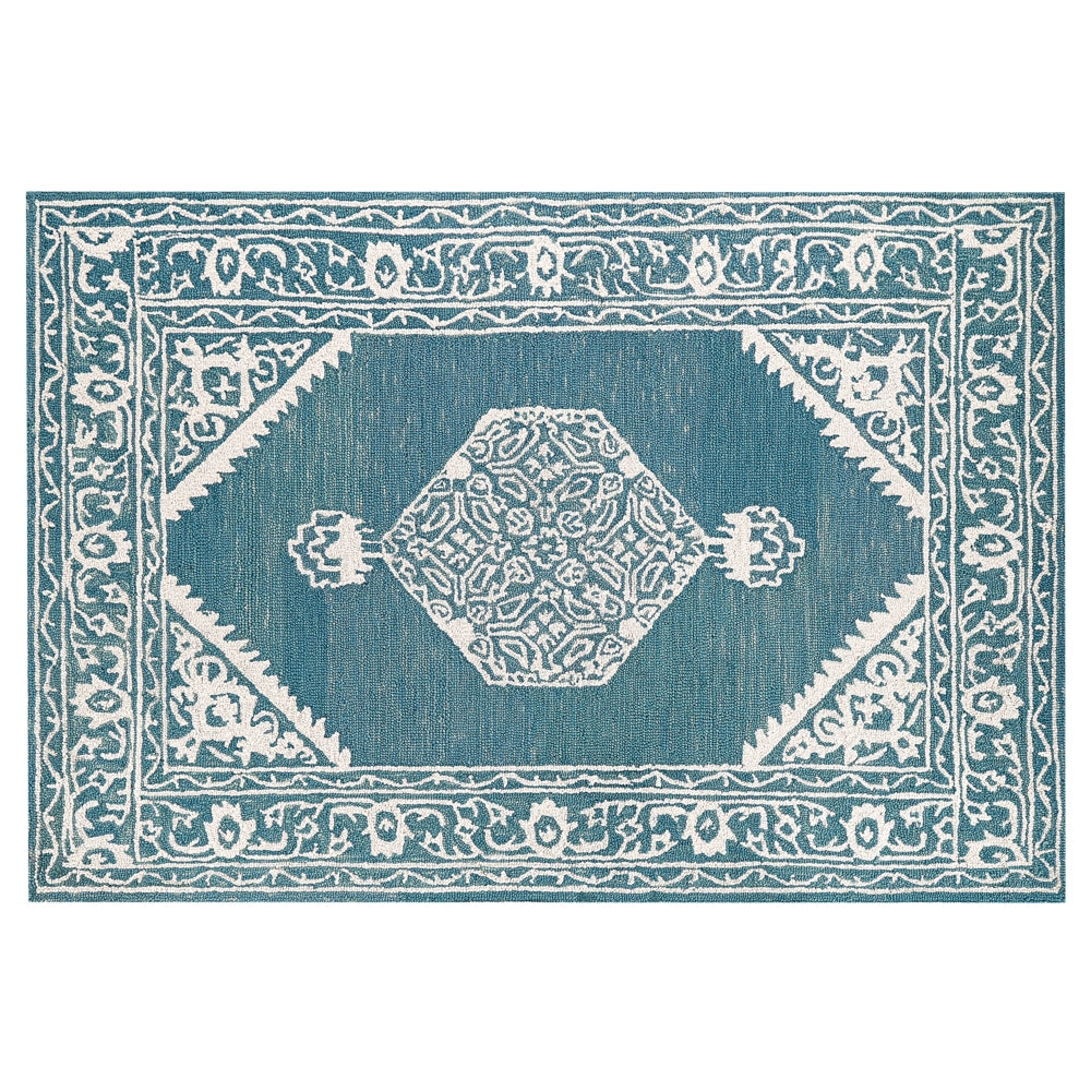 Tappeto bianco blu lana 140 x 200 cm tessuto piatto fatto a mano motivo orientale