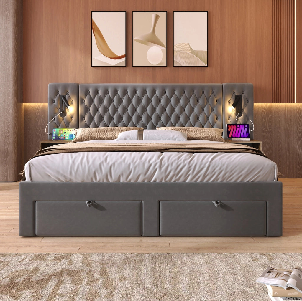 Letto matrimoniale 180x200 cm con comodini, 4 cassetti, luci LED e porte USB/Type-C