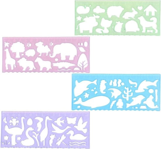 Set di stencil per bambini con righello a forma di animale - 4 pezzi - Strumento di disegno per scuola e ufficio con stencils in plastica - Materiale di disegno