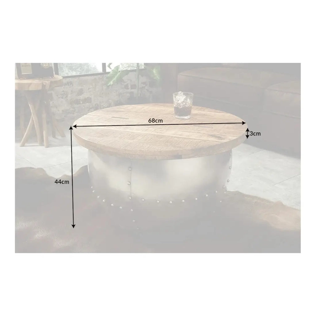 Tavolino rotondo ORVIK 68 cm in legno massello di mango e metallo - baule per la conservazione