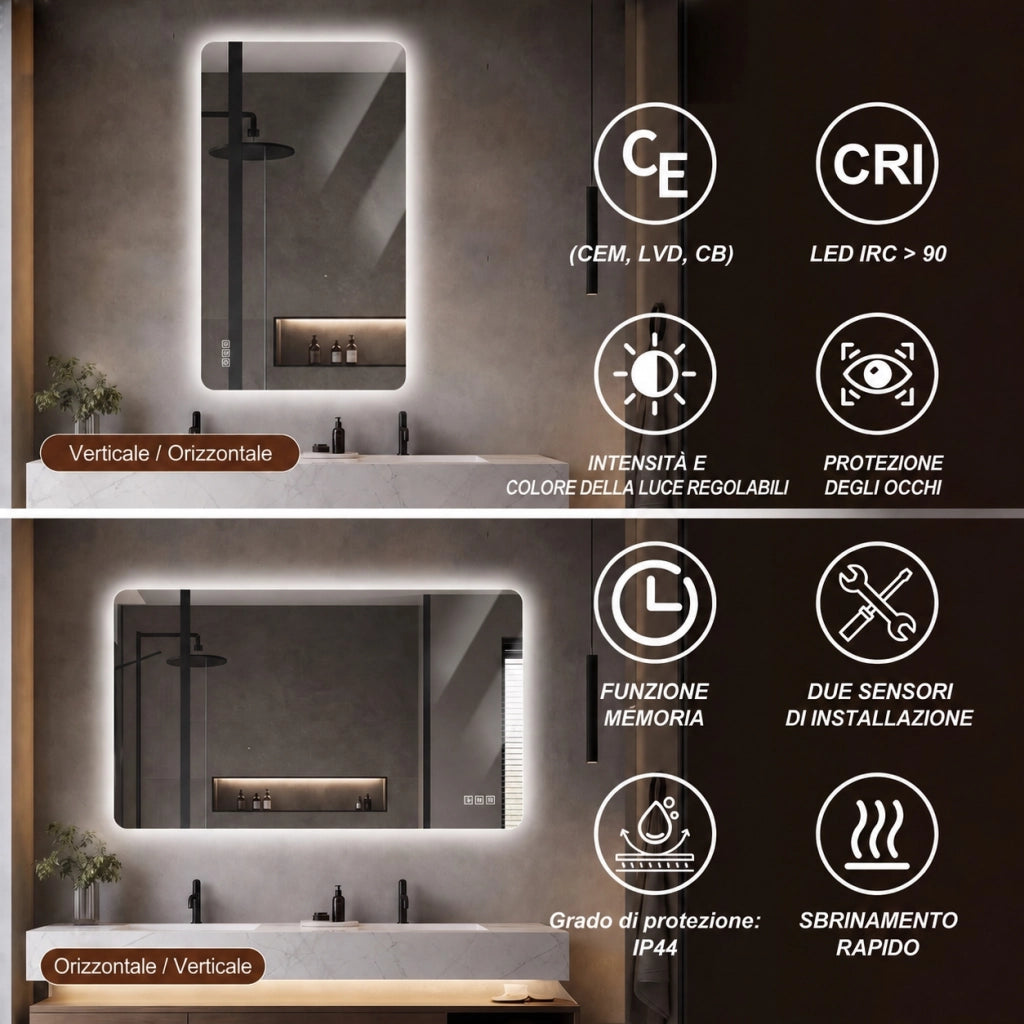 Specchio bagno led 60x80 specchio senza cornice moderno antiappannamento dimmerabile argento