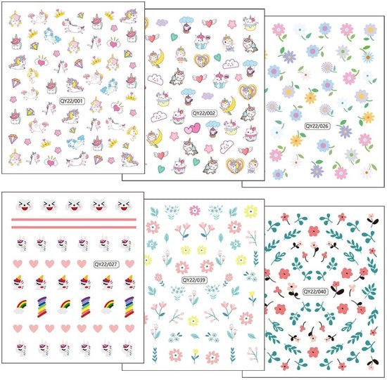 Stickermetalli per bambini - 6 fogli - Unicorno - Fiori - Adesivo - Decorazione - Disegno unghie - Decorazione unghie