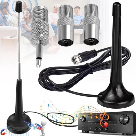 Antenna radio FM telescopica indoor - Antenna radio digitale indoor - Base magnetica - 3 adattatori - Cavo di estensione 3m