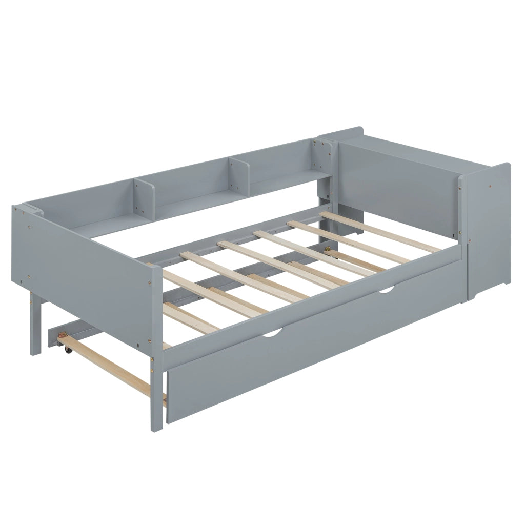 OKWISH Letto Bambini 90×200 cm, Letto Singolo con Letto Estraibile, Scrivania e 3 Ripiani, senza Materasso, in Pino e MDF, Grigio
