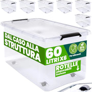 6X 60L Scatole in Plastica Trasparente Senza BPA Contenitori con Coperchio Impilabili Ruote Cassette Salvaspazio