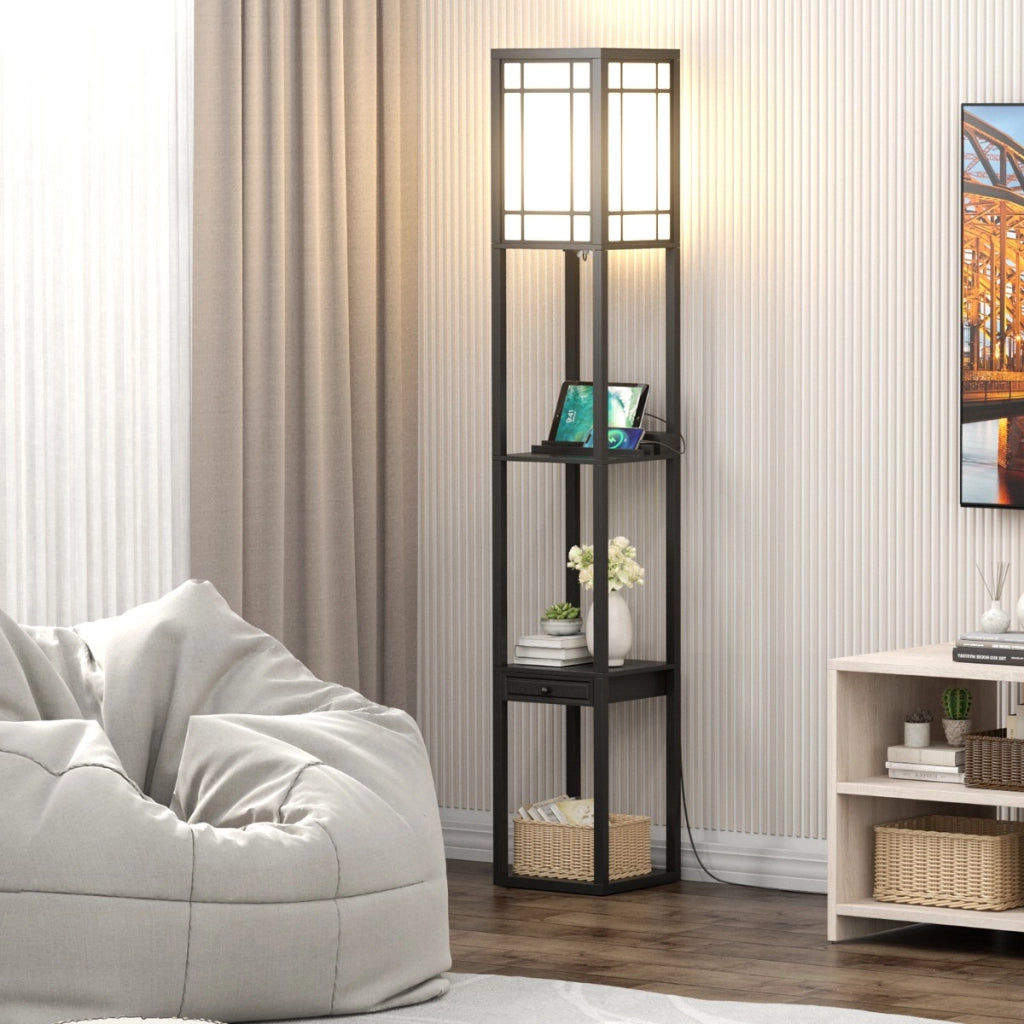 Lampada a stelo con ripiani e cassetto, Lampada a piantana moderna con 2 porte USB Nera