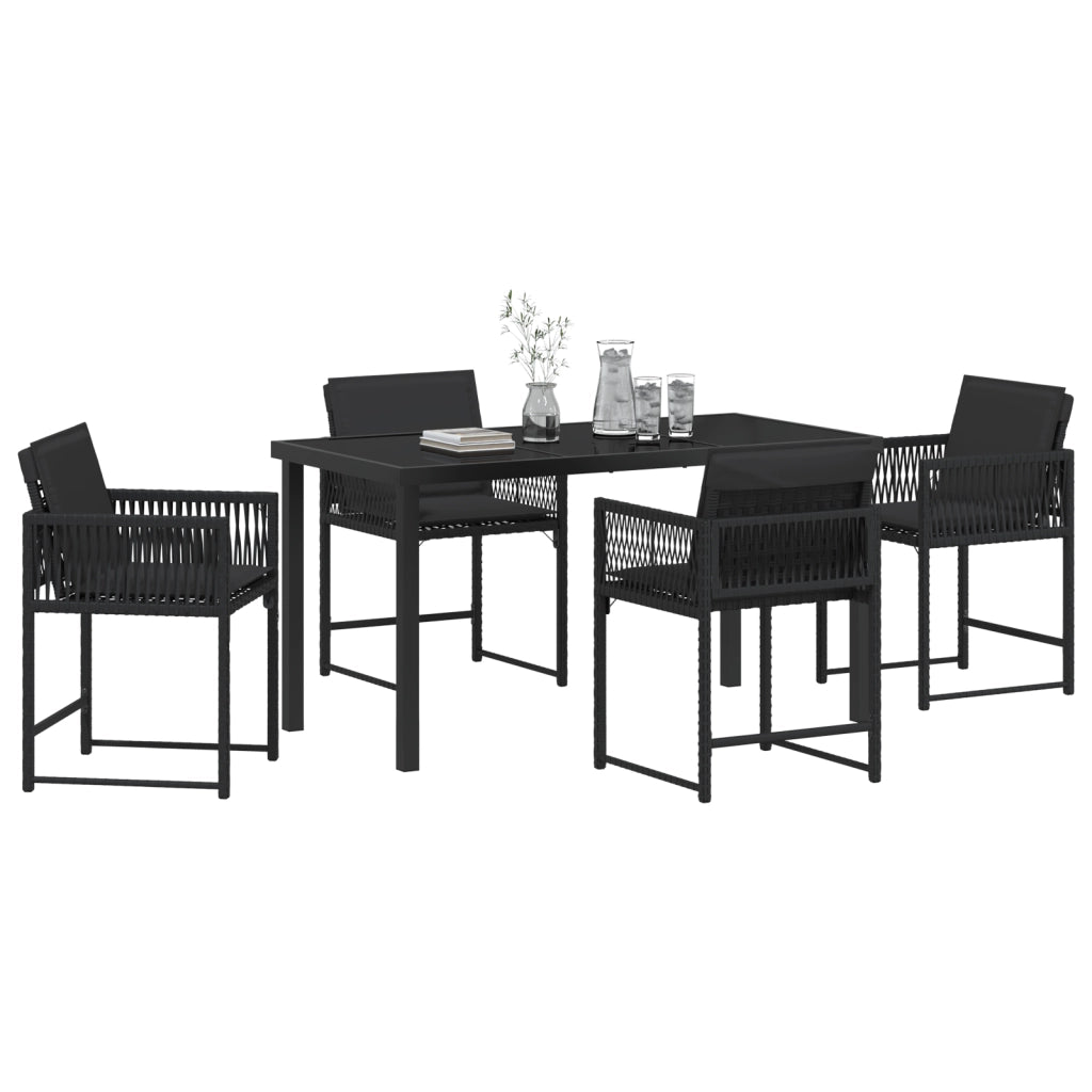 Set da pranzo da giardino 5 pezzi con cuscini neri in polyrattan
