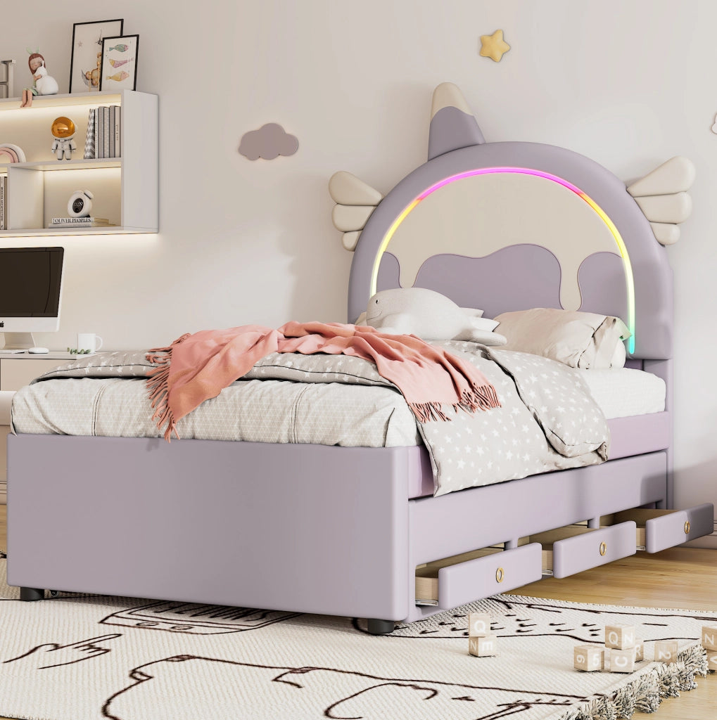 Letto per bambini 90x200 cm con letto estraibile e cassetti; PU e MDF; viola