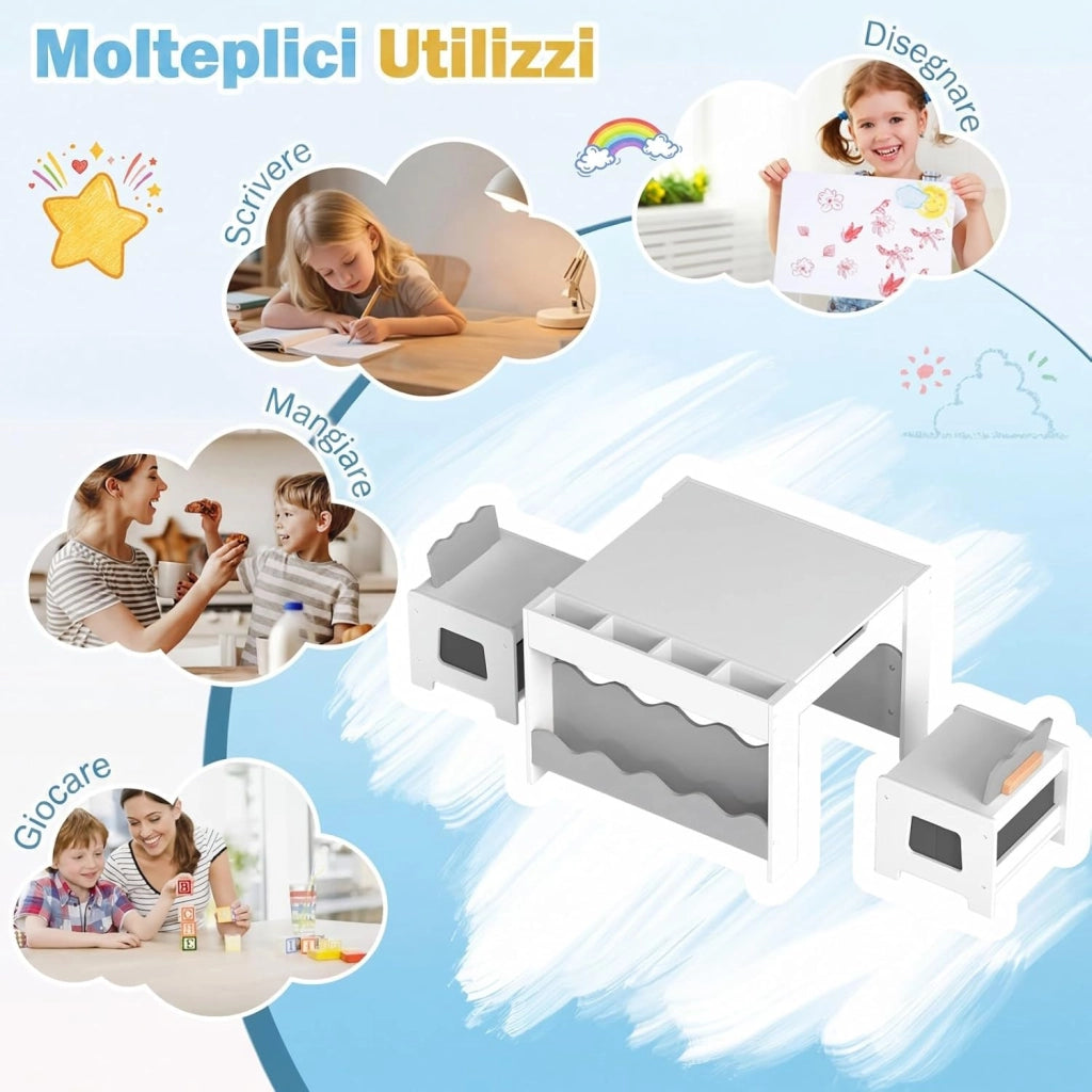 4 in 1 Set Tavolo e 2 Sedie per Bambini 3+ Anni (Grigio e Bianco) | Tavolo e Sedie con Lavagna Rimovibile, Sedia con Cassetto in Tessuto, Mobile in Legno Versatile per Cameretta e Soggiorno