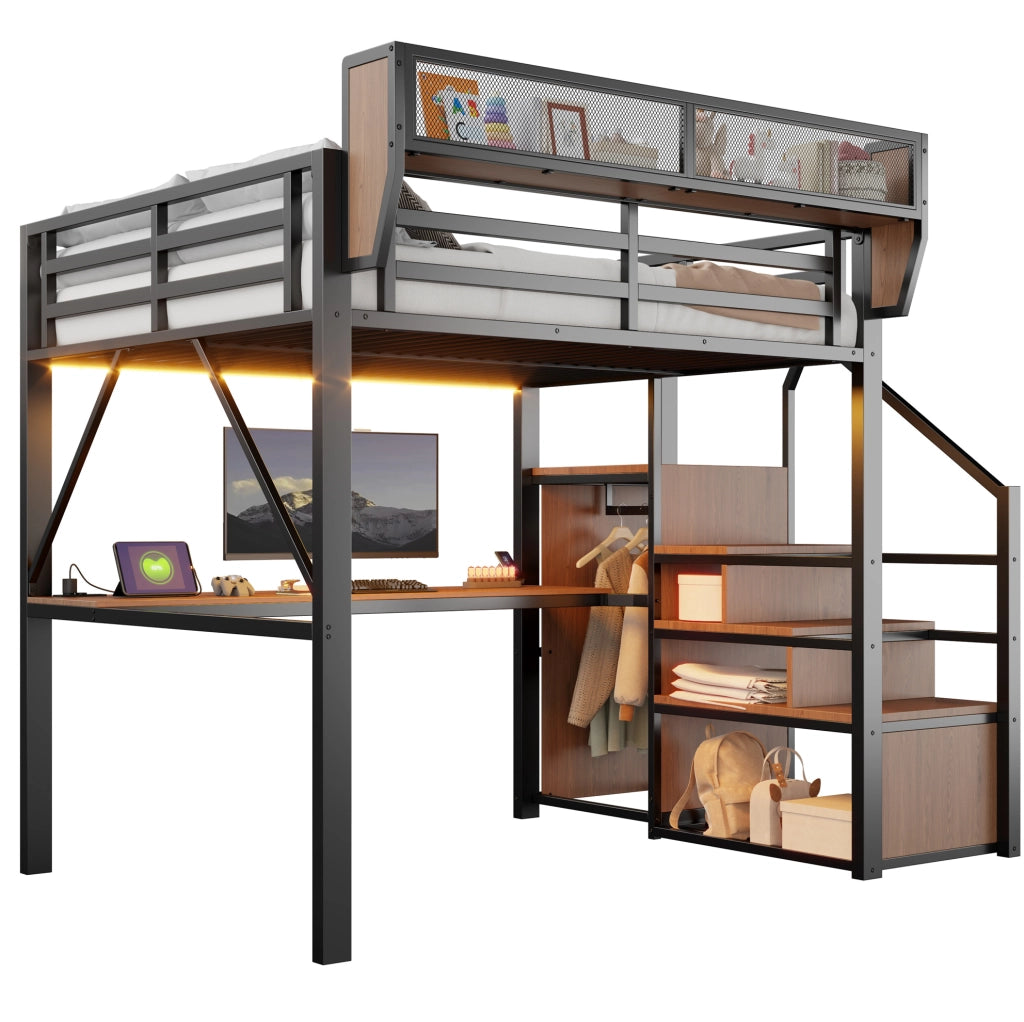 Letto a soppalco 140x200 cm in metallo e MDF nero con scrivania; LED; scala di sicurezza e ripiani