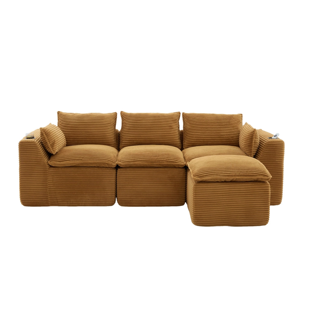 Divano modulare 3 posti con pouf; cuscini e tasche laterali - in corduroy arancione