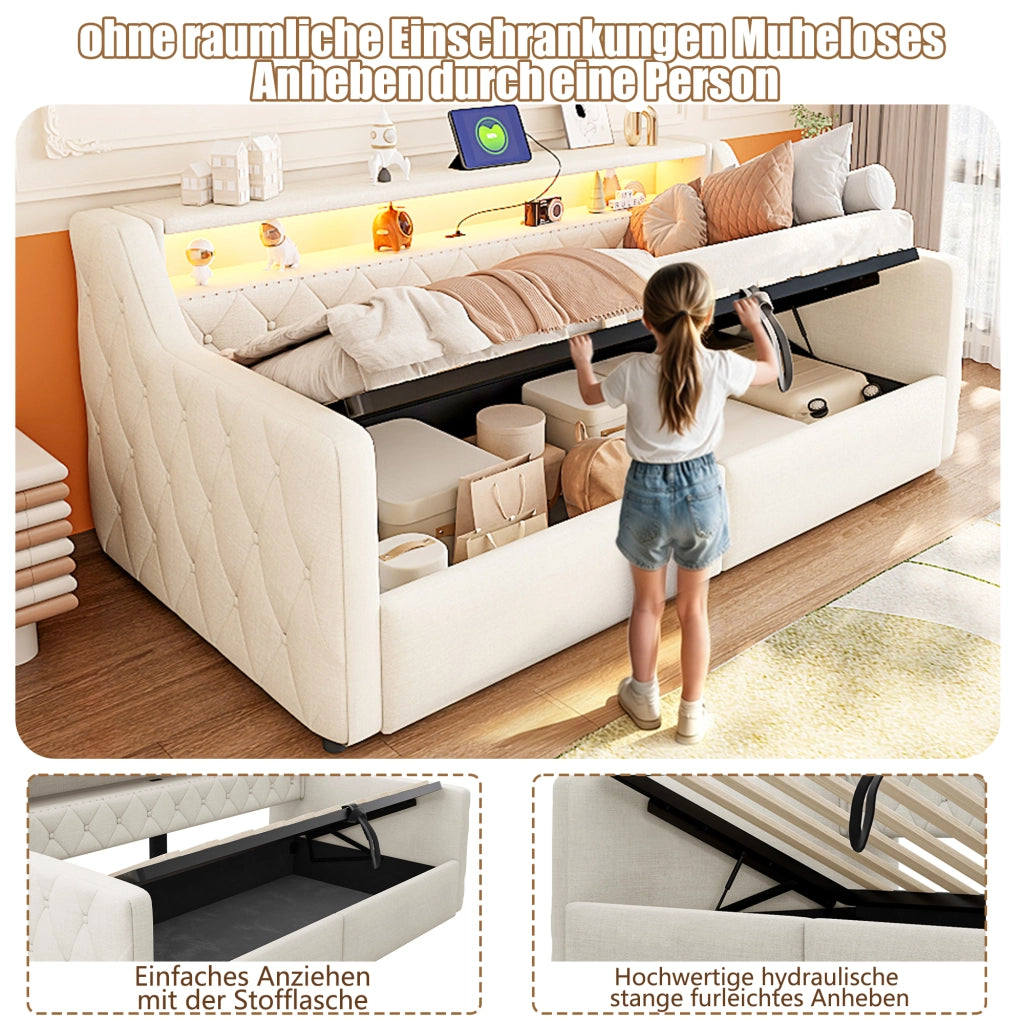 LETTO 90x200 cm con LED e contenitore idraulico, lino beige, USB e Tipo C