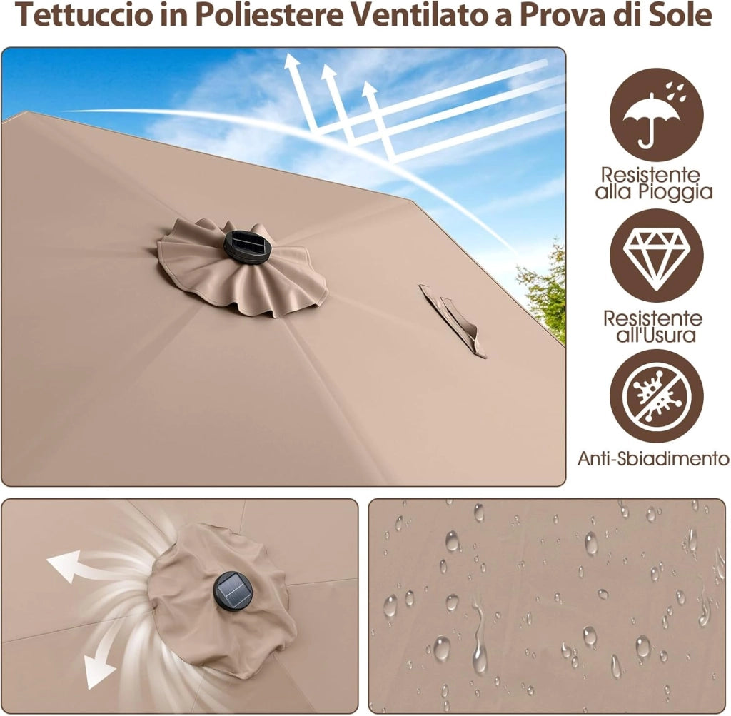 Ombrellone da Giardino 230 cm, Ombrello per Esterni con inclinazione Regolabile, 18 Luci LED, Manovella e Tettuccio Ventilato, Ombrello per Giardino, Cortile, Piscina (Marrone)