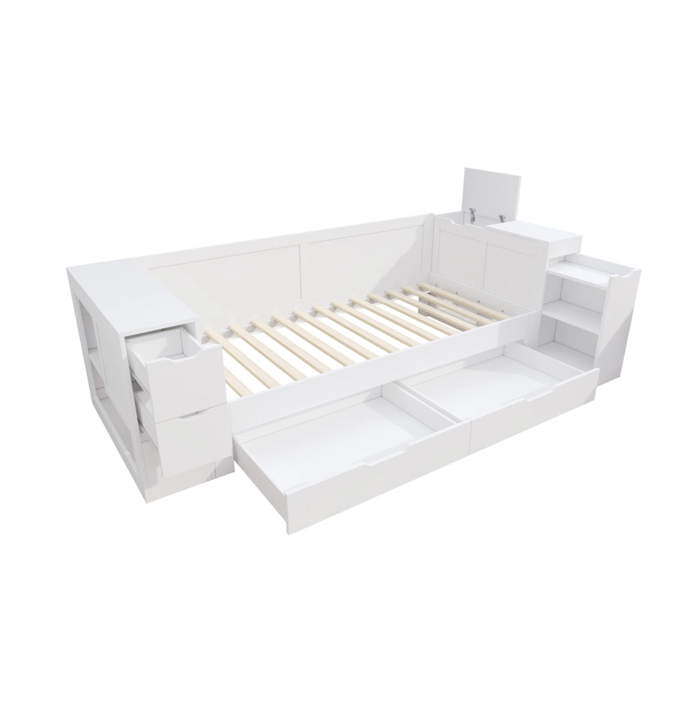 Letto per bambini multifunzione con cassetti e vano contenitore; MDF bianco