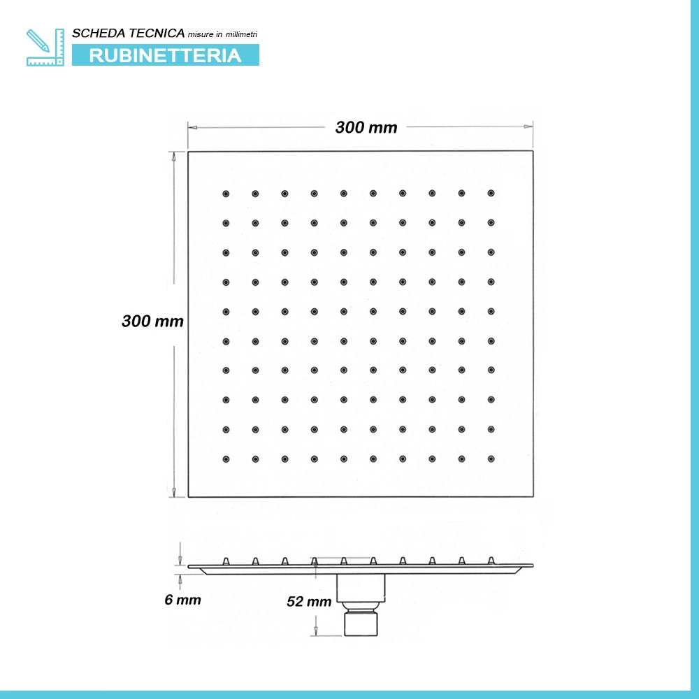 Set doccia in ottone con braccio verticale e soffione quadrato 30x30 cm cromo