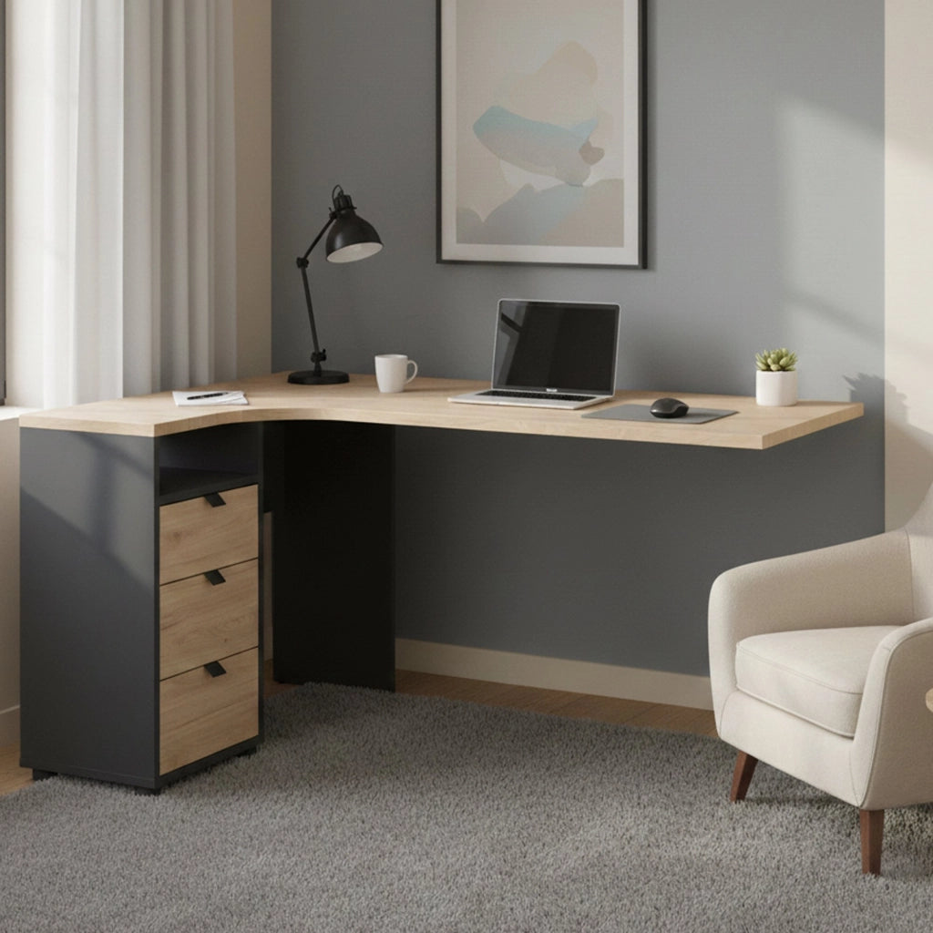 Scrivania Peipah, Scrittoio multiuso, Tavolo per ufficio porta PC, Piano di lavoro, 150x100 h76 cm, Rovere e Grigio