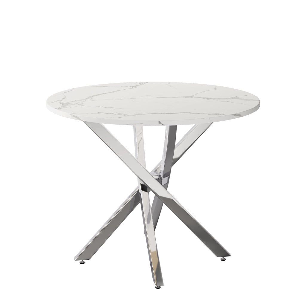 Tavolo rotondo 80 cm in MDF effetto marmo, gambe cromate argento, stile moderno, bianco e argento
