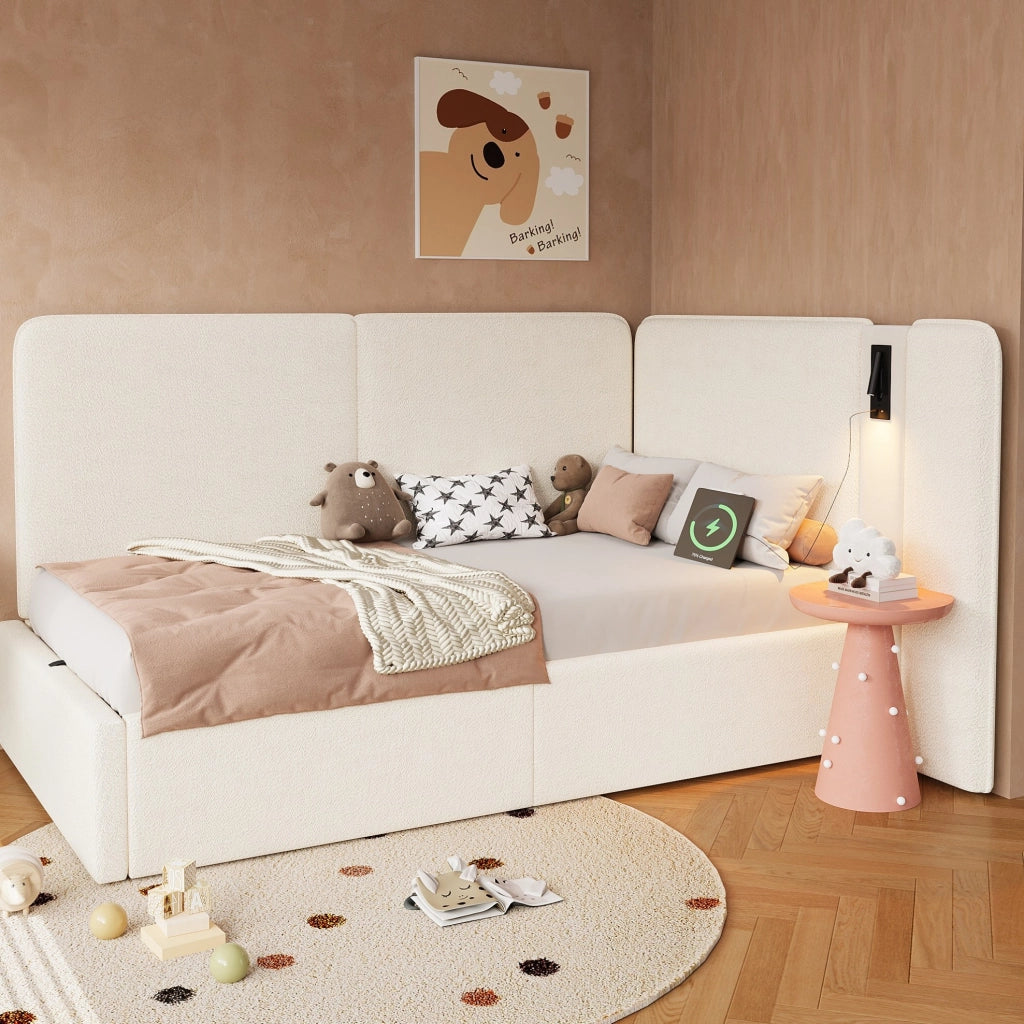 Letto imbottito 90x200 cm con contenitore idraulico; USB C e lampada da lettura; tessuto bouclé beige