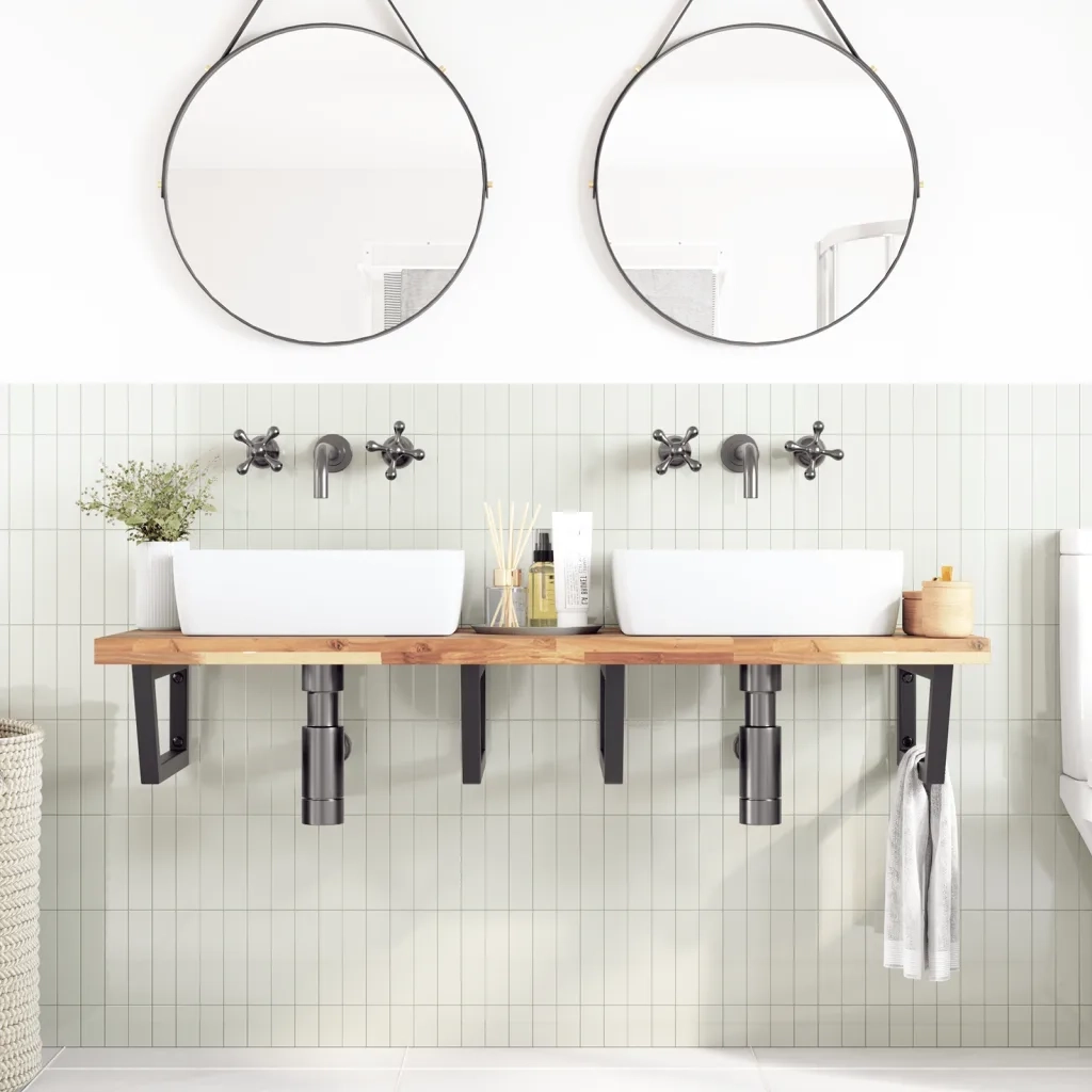 vidaXL Ripiano a Parete per Lavabo in Acciaio e Massello di Acacia