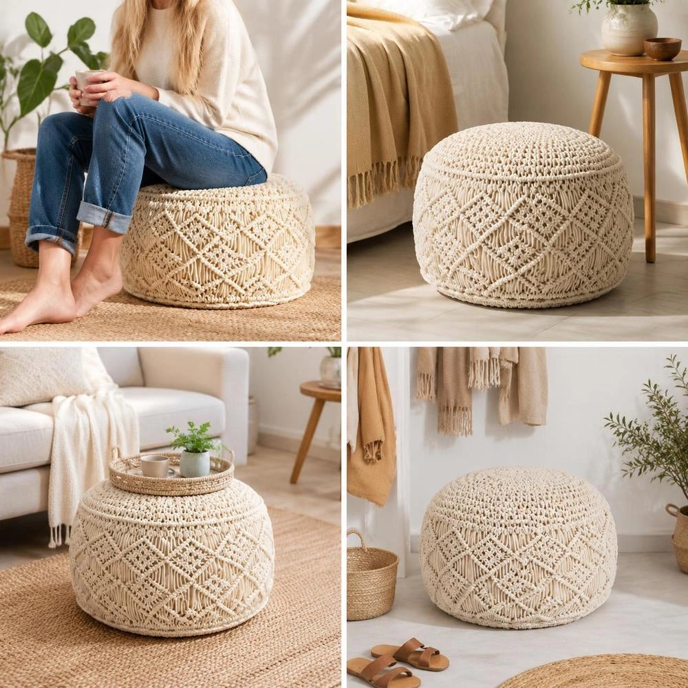 Macrame Pouf, Handmade, 45 X 30 Cm, Cotton
