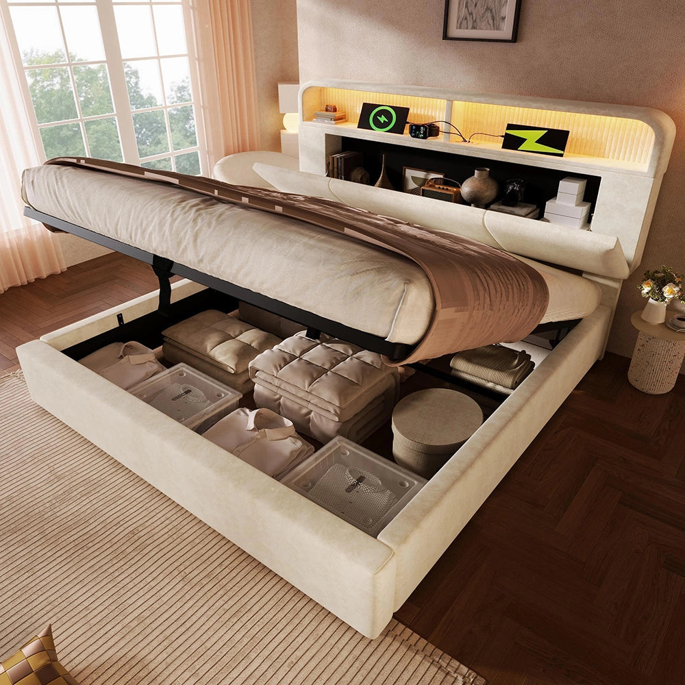 Letto 180x200cm?- Xylo - idraulico LED USB velluto beige