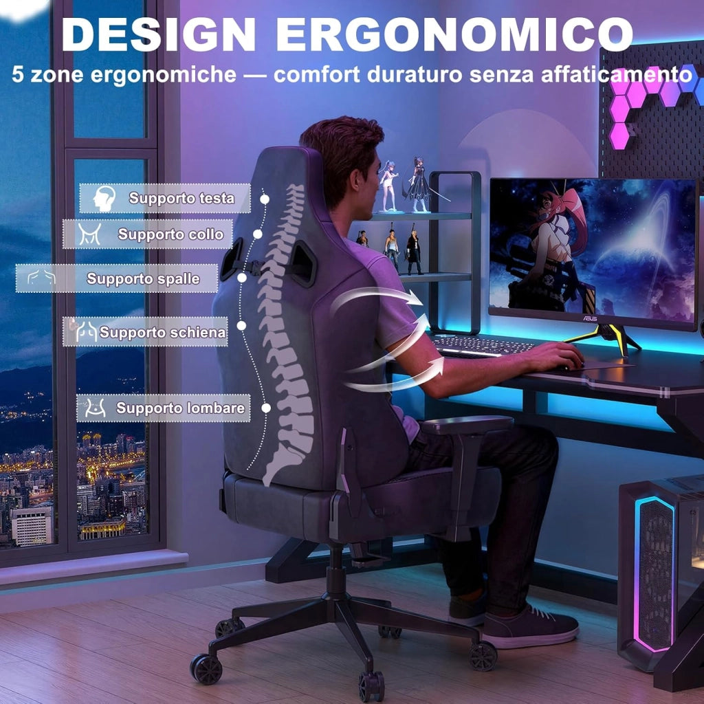 Sedia da Gaming Ergonomica in Pelle Scamosciata, Poltrona da Ufficio Gamer Reclinabile 90°-135°, Braccioli 3D Regolabili, Base in Metallo, Ruote Silenziose, Portata 180kg, Nero