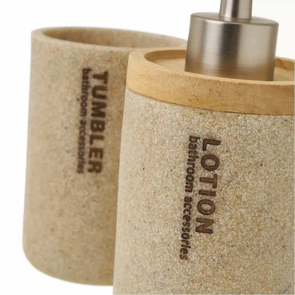 Set Bagno 3pz Con Dispenser Sapone Bicchiere Portaspazzolini Poliresina e Legno