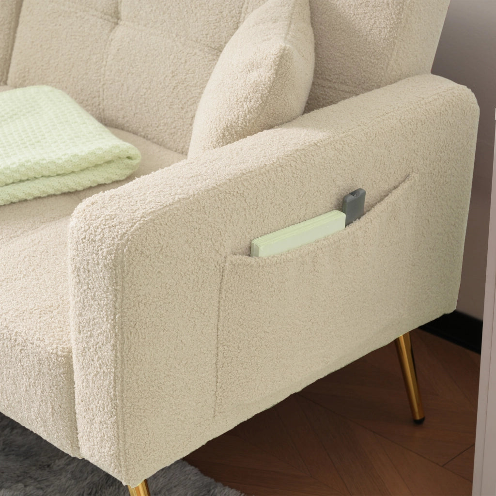 Divano Letto con Schienale Regolabile; 2 Tasche Laterali e Gambe Dorate; in Schiuma; Beige; 175 × 64 × 72 cm