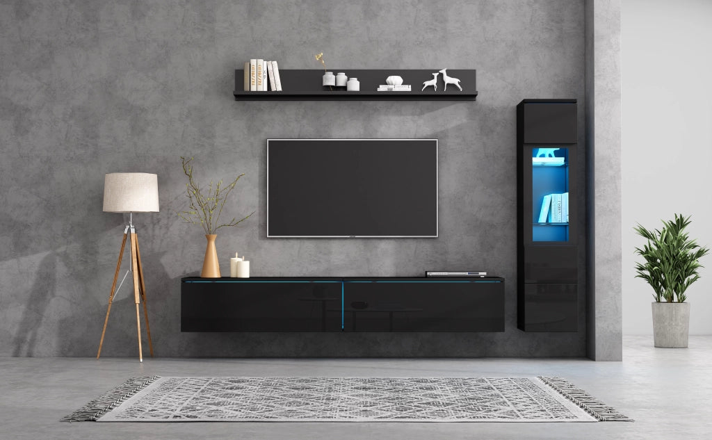 Parete Attrezzata Soggiorno Nera Mobile TV LED Nero Lucido 3 Pezzi Fino a 80 Pollici