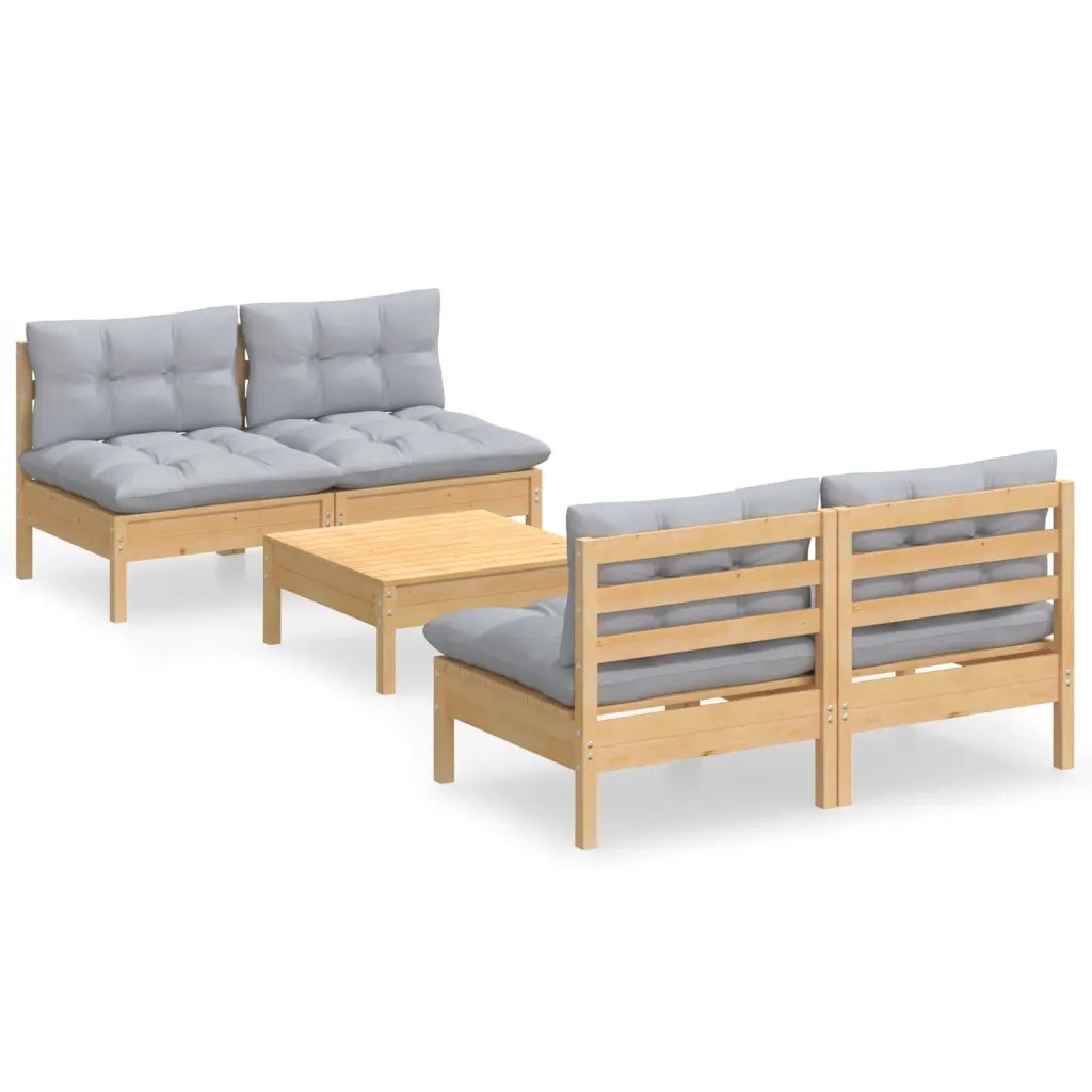 Set Divani da Giardino 5 pz con Cuscini Grigi Massello di Pino cod mxl 38621