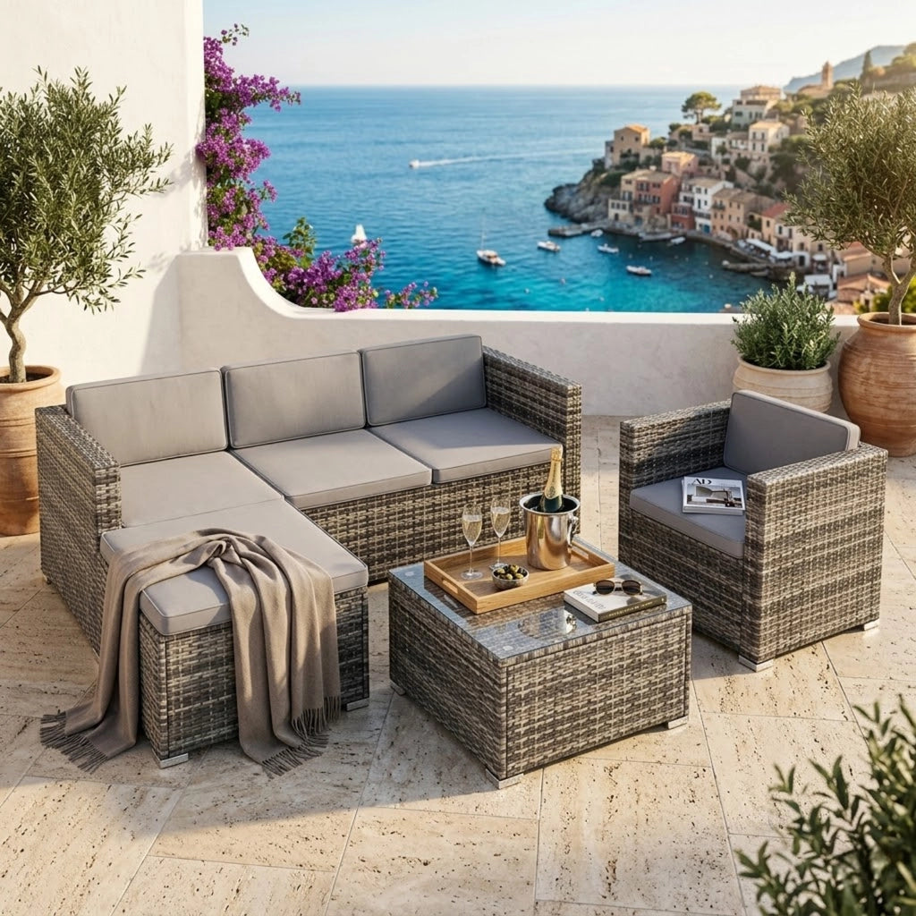 Set Salotto Da Esterno In Polyrattan Modulare Con Cuscini E Tavolino Struttura Personalizzabile Per 4/5 Persone Ideale Per Terrazza Patio Outdoor Grigio