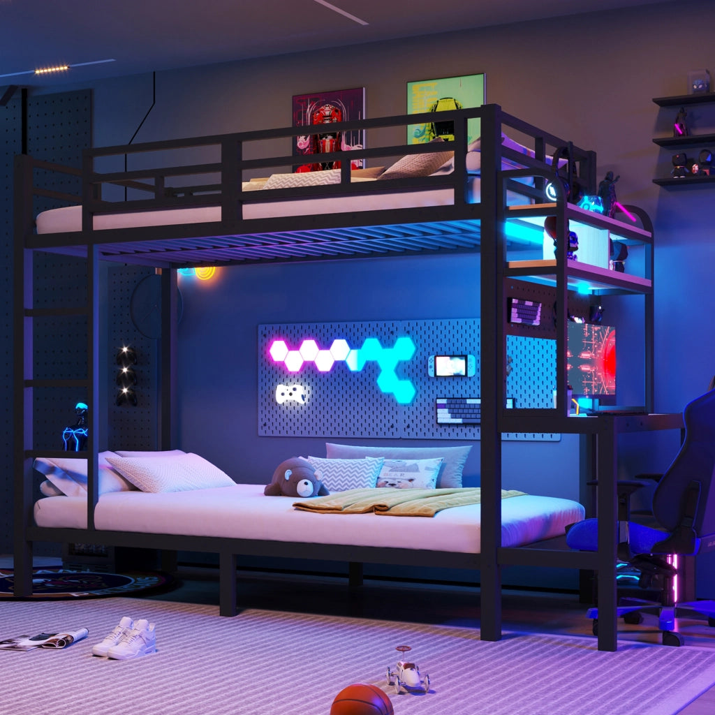Letto a castello 90 × 200 cm con scrivania, ripiani, LED e USB, con barriera di sicurezza, senza materasso, nero
