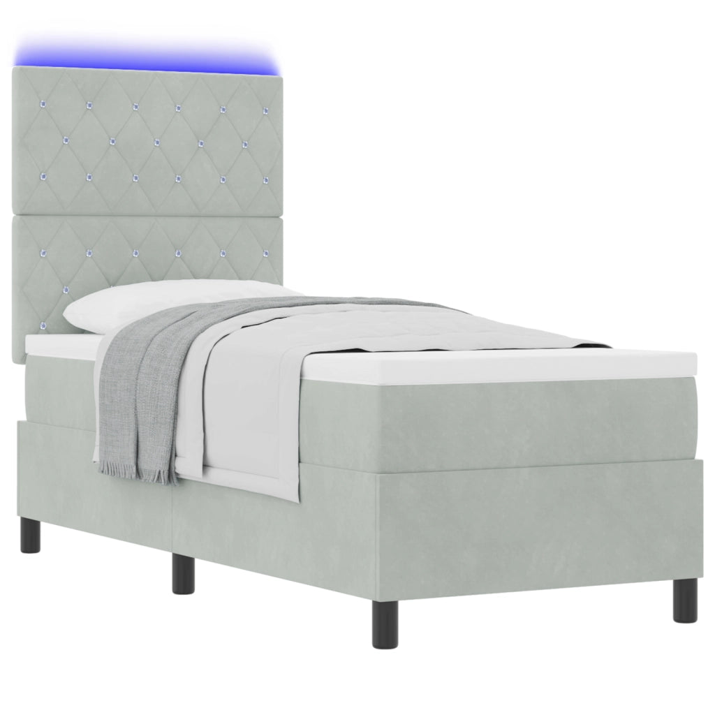 Letto Box Spring con Materasso e Luce LED Grigio Chiaro 80x200 cm Velluto